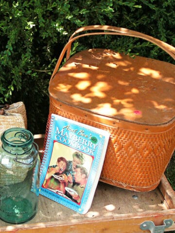 summer garage sale finds including a vintage picnic basket.