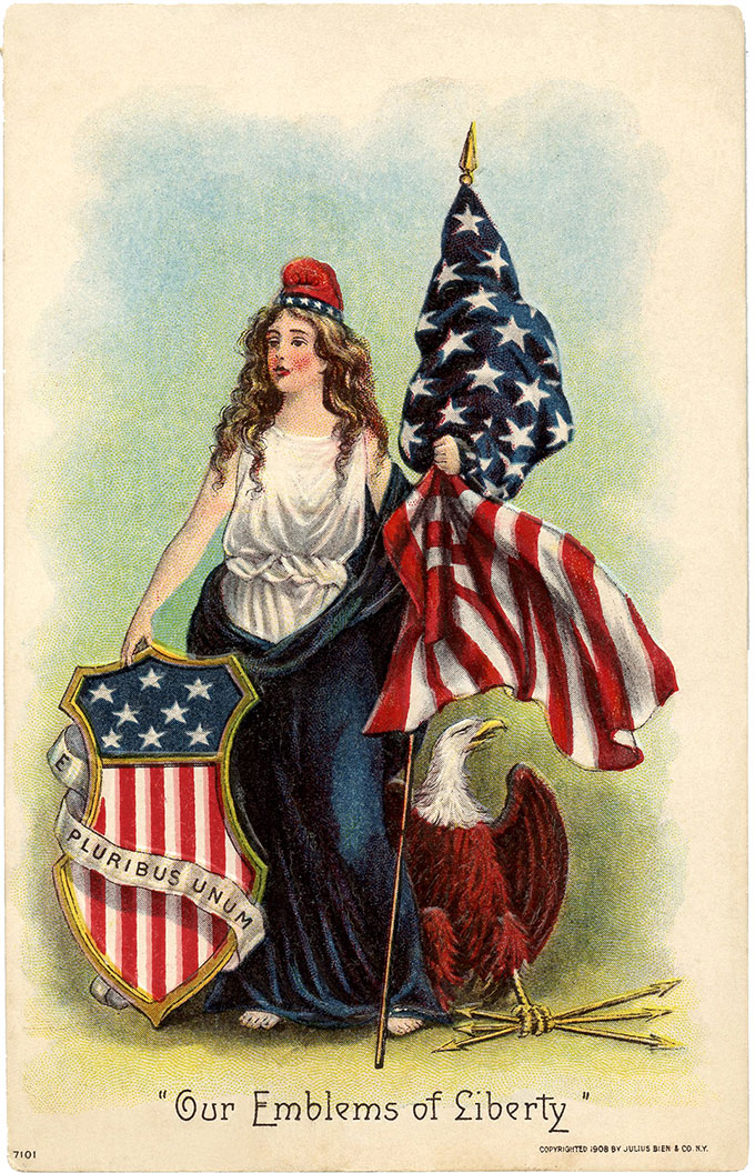 Vintage 4th of July postcard image - woman with flag and eagle