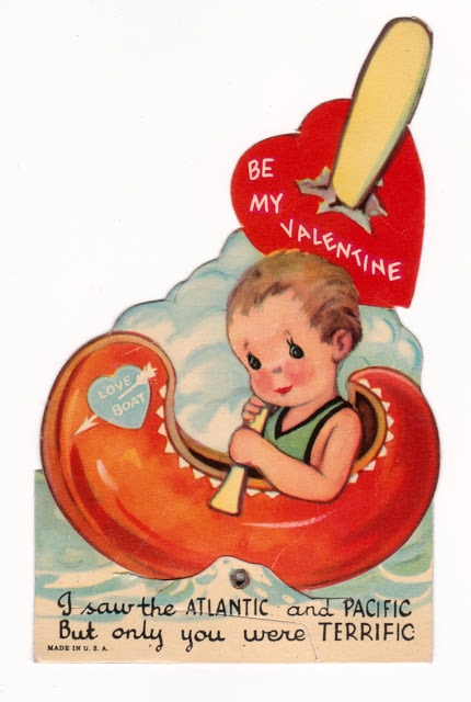 Vintage child's classroom Valentine with boy in canoe