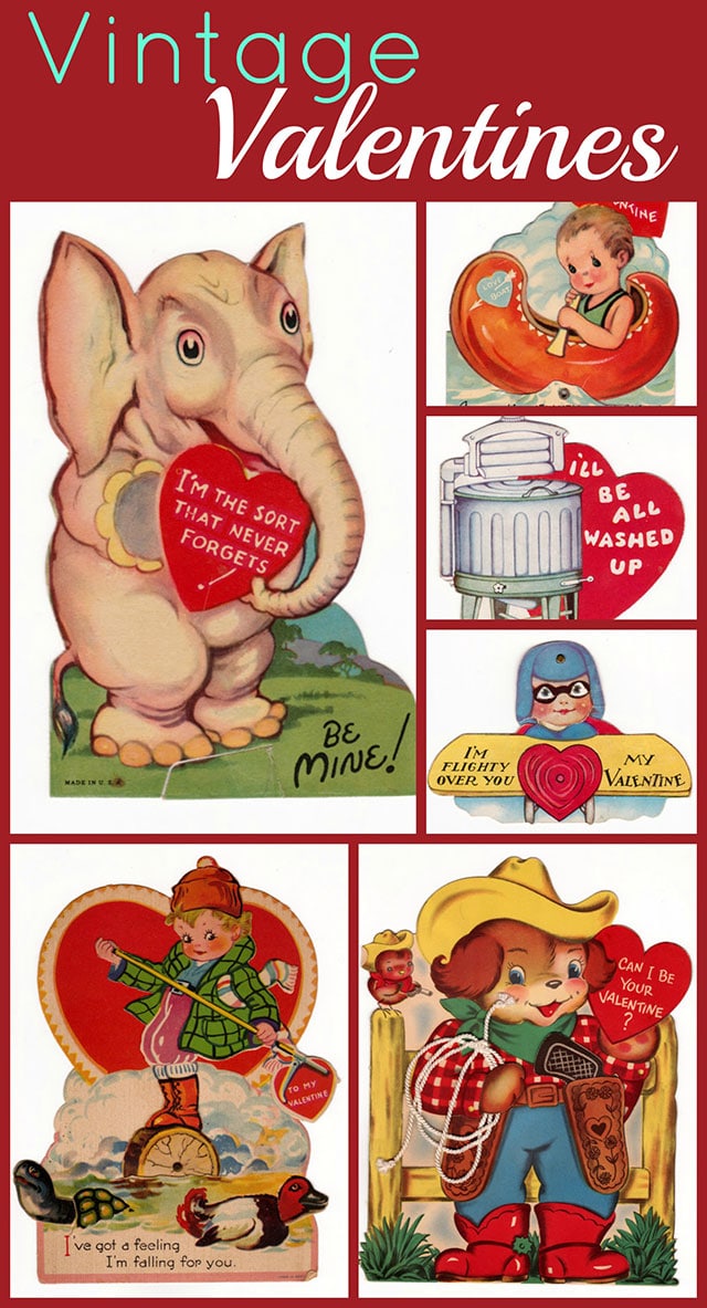 A great assortment of vintage childrens classroom Valentines, mechanical Valentines and romantic ones, all from 1930 through 1950.