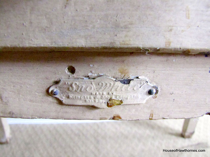 A vintage enamel topped baking table used for rolling out pie crust and cutting out biscuits and cookies.  A workhorse of the 20th century kitchen!  