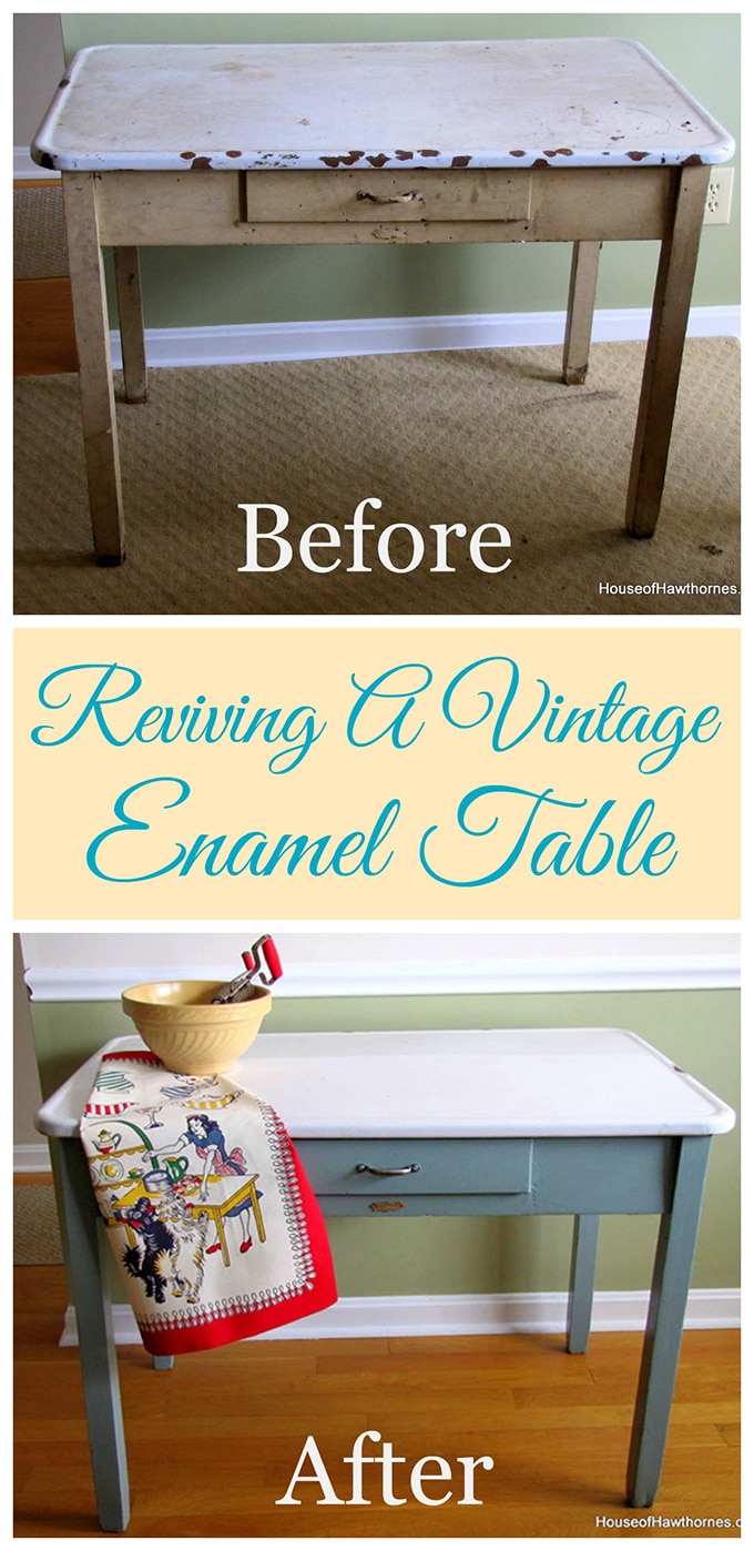 A DIY project with heart. How I rescued and updated my mom's vintage enamel topped table. It looked pretty grungy BEFORE, but the AFTER looks so much better :) 