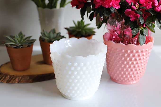 White hobnail Fire King planter