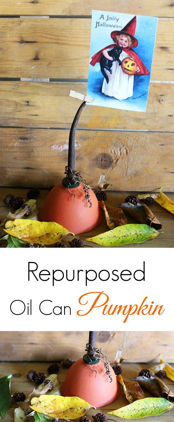 A repurposed oil can makes for a fun pumpkin photo holder for fall. A QUICK and EASY fall DIY project with vintage Halloween printable image included. #repurpose #upcycle #upcycling #thriftstoreupcycle #halloween #halloweendecor #halloweendecorations #falldecor #falldiy