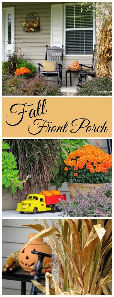 Fun fall front porch decor using traditional cornstalks, Indian corn, gourds and mums along with the unexpected - a vintage toy truck loaded with pumpkins.