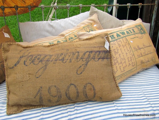 Pillows made from vintage grain sacks.