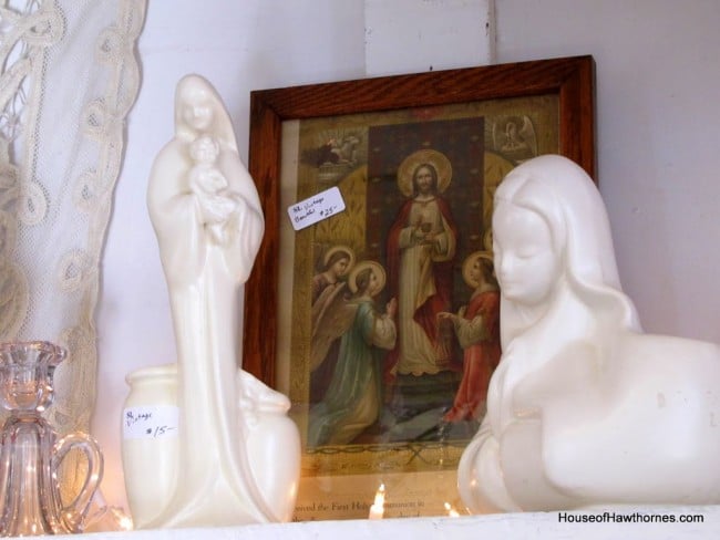 Some vintage Catholic religious statues and framed print.