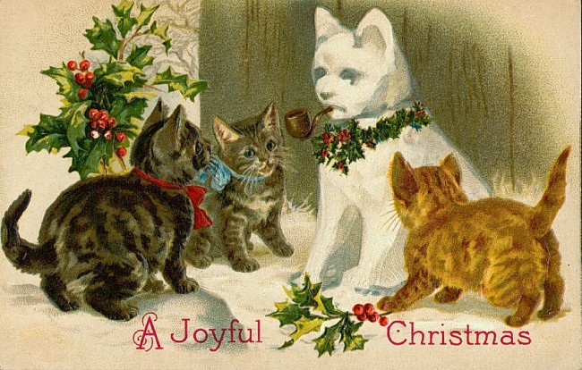 Vintage Christmas cards and postcards - kittens making a cat snowman. 