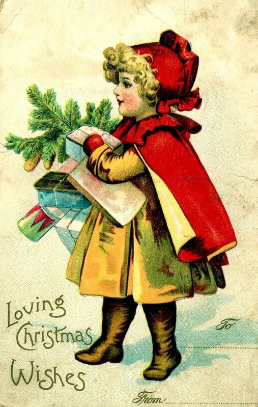 Vintage Christmas cards and postcards - little girl i a red cloak carrying Christmas packages.