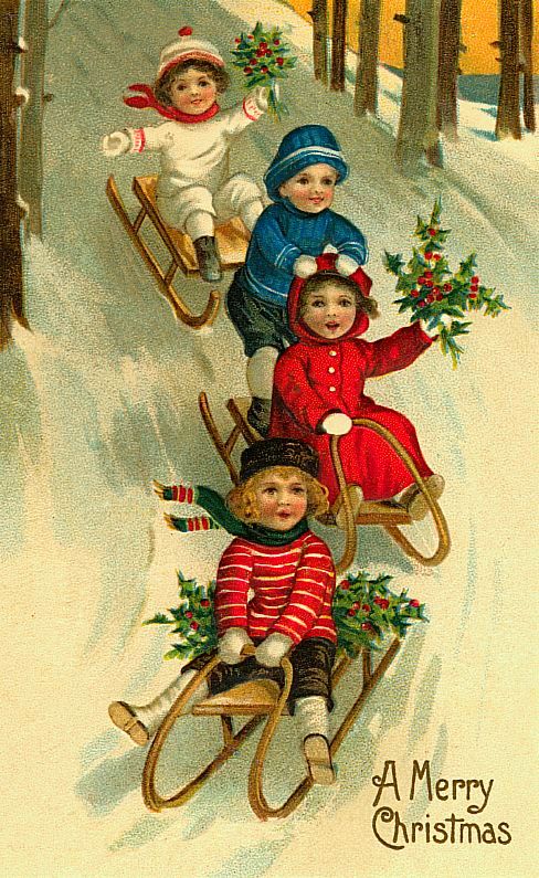 Vintage Christmas cards and postcards - children sledding down a hill.
