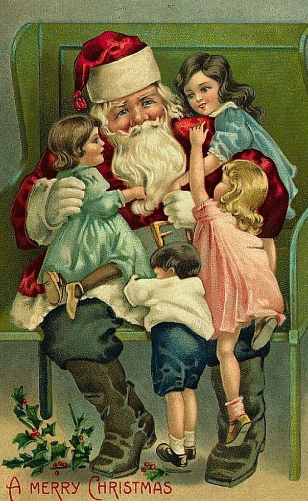 Vintage Christmas cards and postcards - little children sitting on Santa's lap.