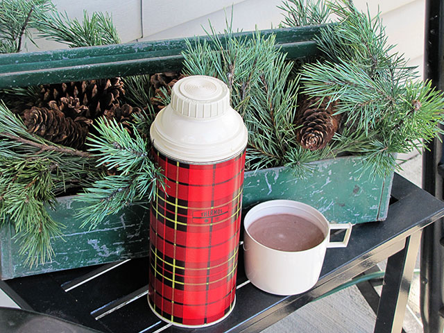 Plaid thermos with a cup of hot chocolate.
