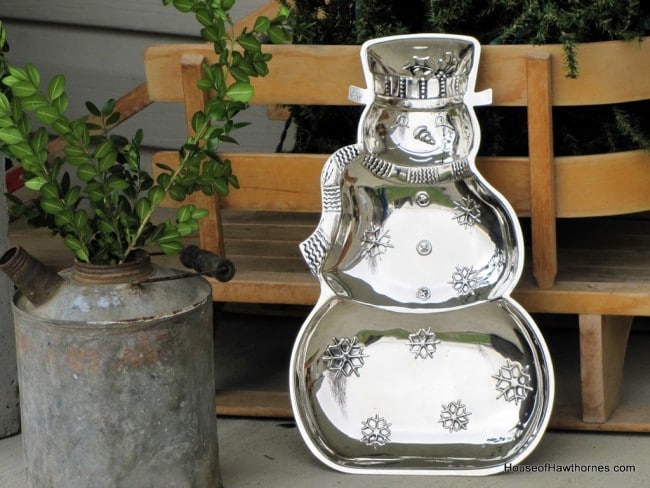 Silver snowman serving dish.