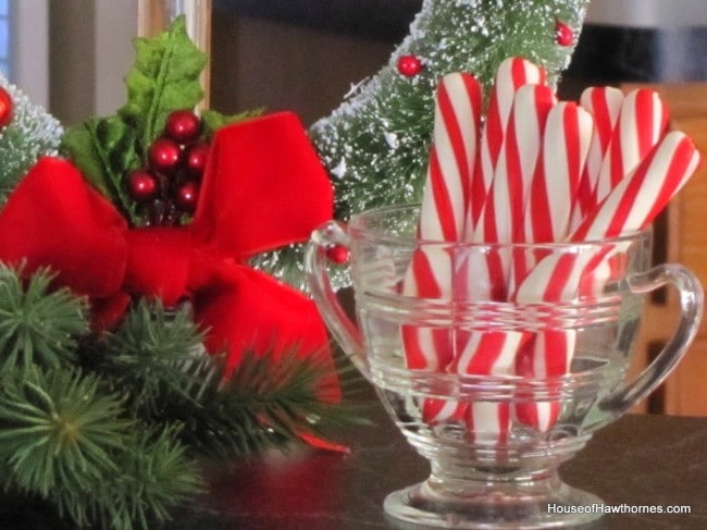 Bob's peppermint sticks in a vintage glass sugar bowl.