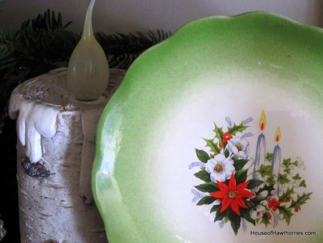 Vintage Christmas platter with candles and poinsettias. 