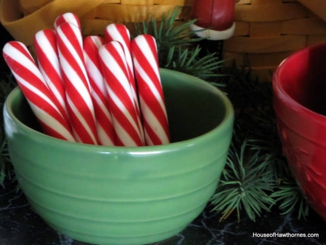 Bob's peppermint sticks in a green bowl.