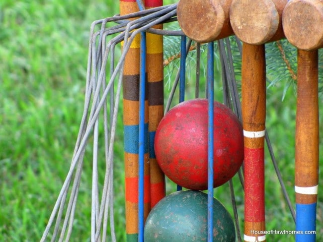 Close up of a croquet set.