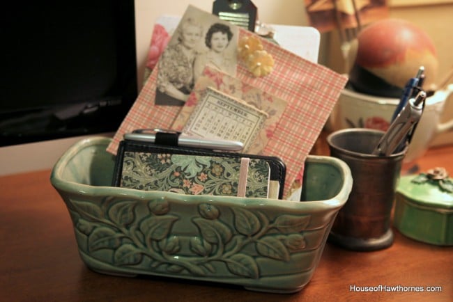 Vintage planters are a dime a dozen at thrift stores. Using them for storage is a great way to repurpose them and add some whimsy to your home decor.