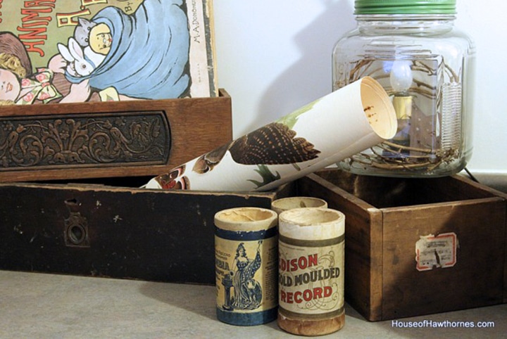 Flea market decor and player piano rolls.