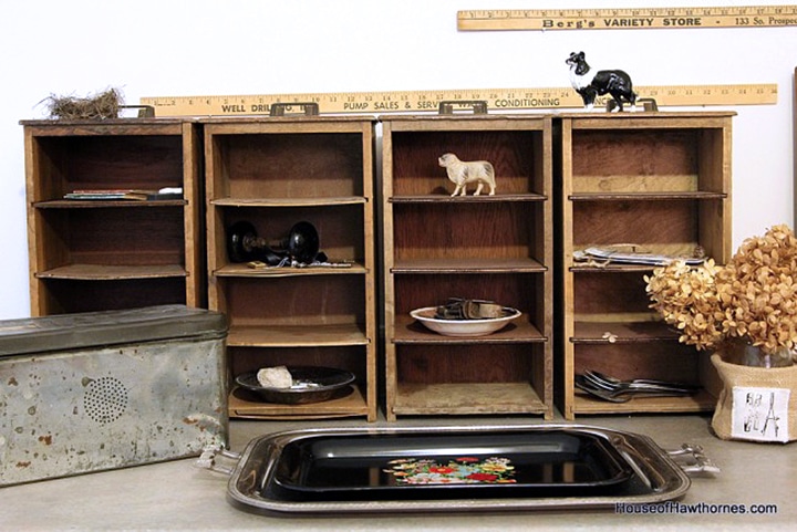 Office cubbies made from old wooden drawers.