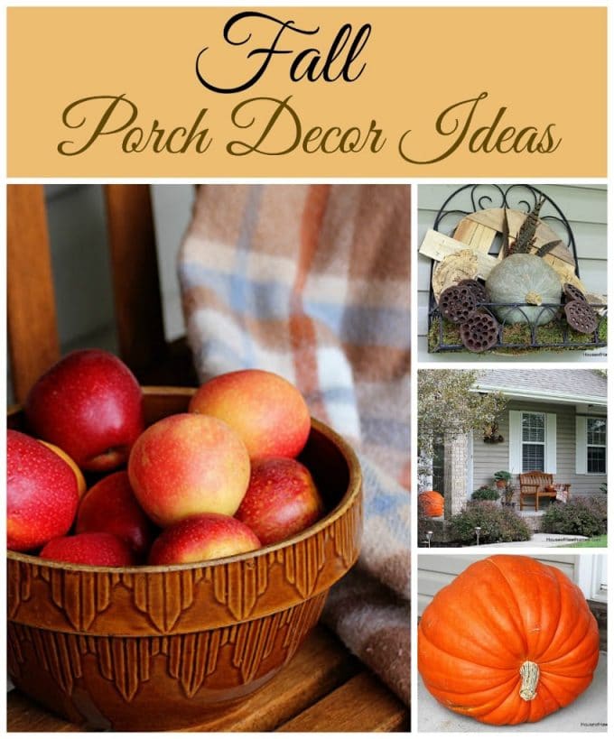 Fall front porch ideas including a HUGE pumpkin, apples, gourds and lots of autumn flowers and perennials.