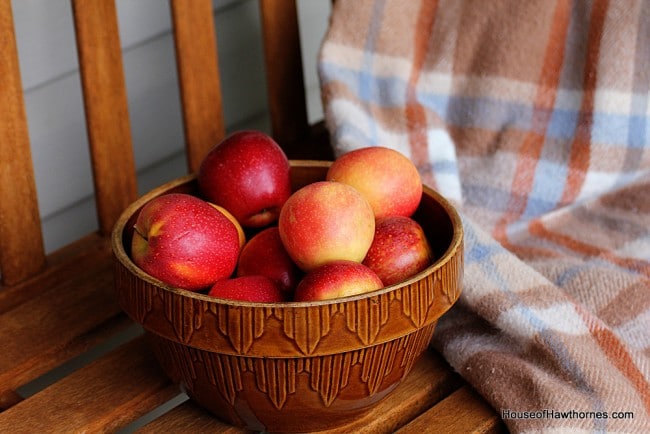 Fall front porch ideas including a HUGE pumpkin, apples, gourds and lots of autumn flowers and perennials.