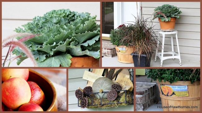 Fall front porch ideas including a HUGE pumpkin, apples, gourds and lots of autumn flowers and perennials.