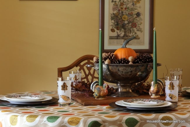 A vintage inspired Thanksgiving table set with items commonly found at thrift stores and estate sales  via houseofhawthornes.com