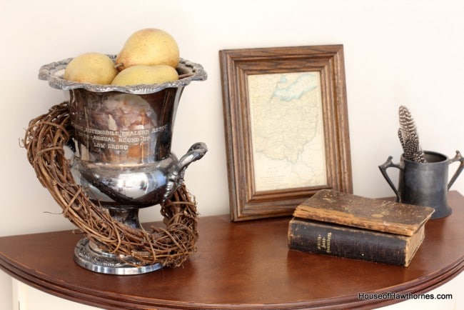 Silver champagne bucket with pears in it.