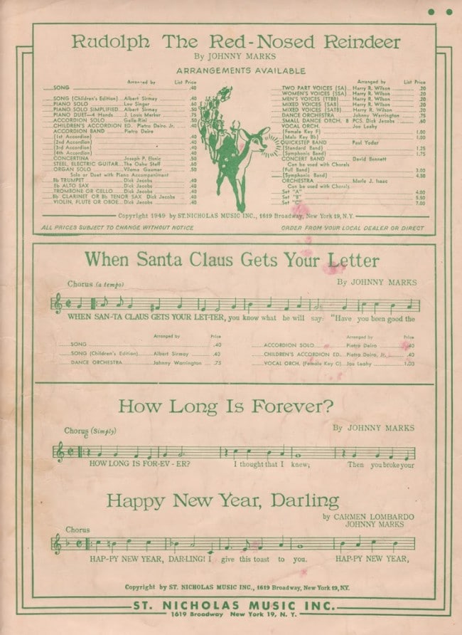 FREE printable Rudolph The Red Nosed Reindeer vintage sheet music. A cool retro look for Christmas DIY and craft projects or simply printed out and framed.