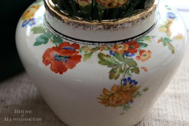 Close up of floral detail on the vintage Harker Pottery vase.