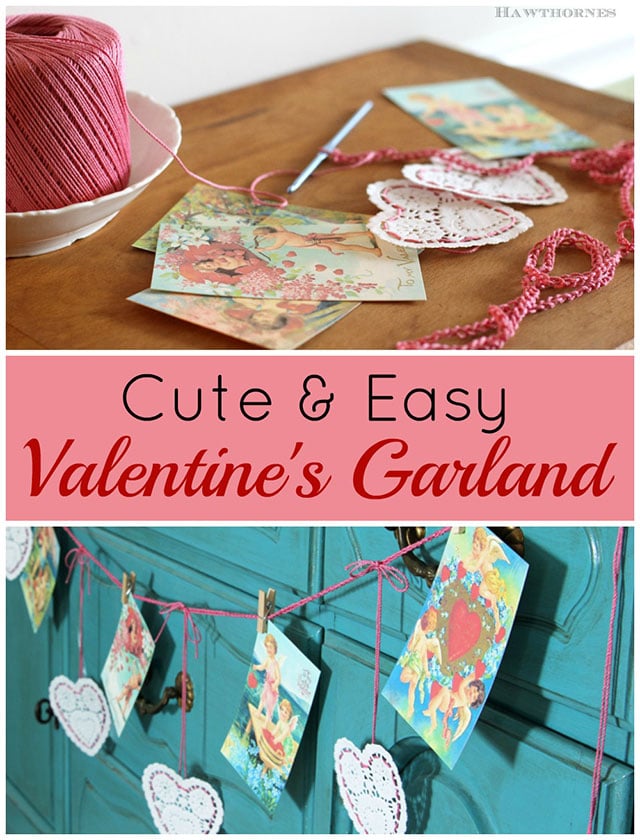 Easy to make romantic handmade Valentines Day garland for your Valentine's Day decor. Using inexpensive paper heart doilies from the dollar store and vintage Valentine images. #valentinesday #valentinecraft #romantic #romanticcountry #diyproject #craft