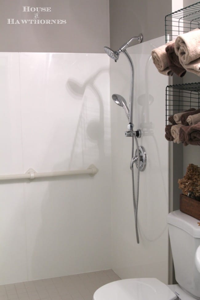 Industrial bathroom decor in a child's bathroom.  Lots of great DIY ideas and inspiration, plus this is also a handicap accessible bathroom remodel!