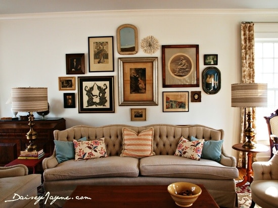 Gallery wall in a living room.