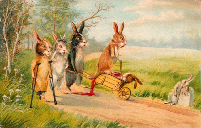 Vintage postcard showing rabbits coming home after a war.