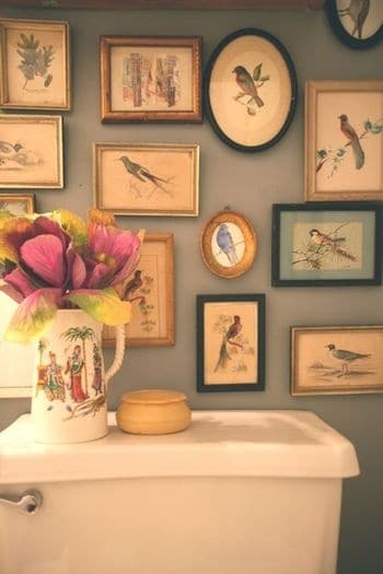 Gallery wall in a bathroom using framed photos of birds.