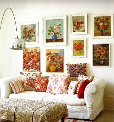 Gallery wall using framed florals.