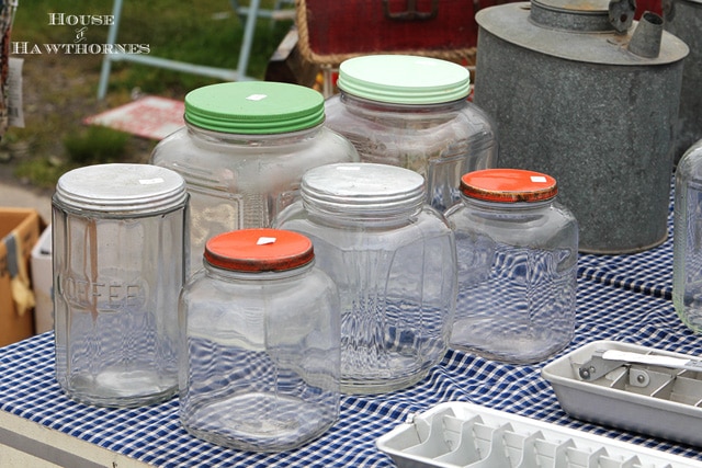 Old glass cracker jars probably made by Anchor Hocking.