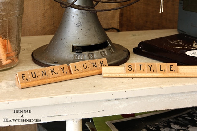 Wooden Scrabble letters spelling out Funky Junk Style.