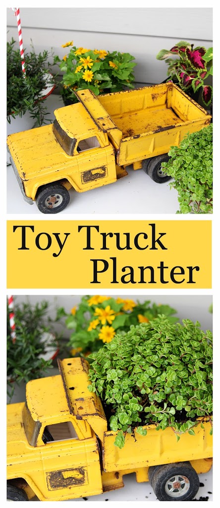 What a fun gardening DIY project! Upcycle a toy truck into a planter (this rusty one was found at a yard sale). Too cute!