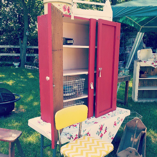 Red farmhouse cabinet. 