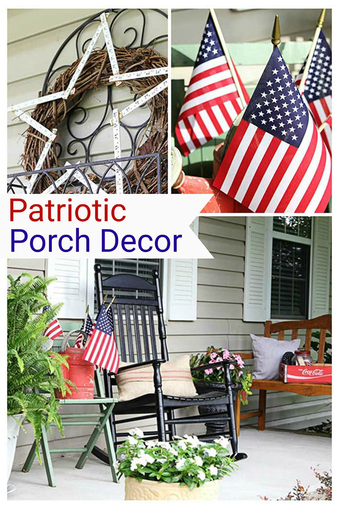 Patriotic porch decor for the 4th of July or Memorial Day. Lots of inspiration for your outdoor summer decorating. #4thofjuly #patriotic #fourthofjuly #memorialday #redwhiteandblue