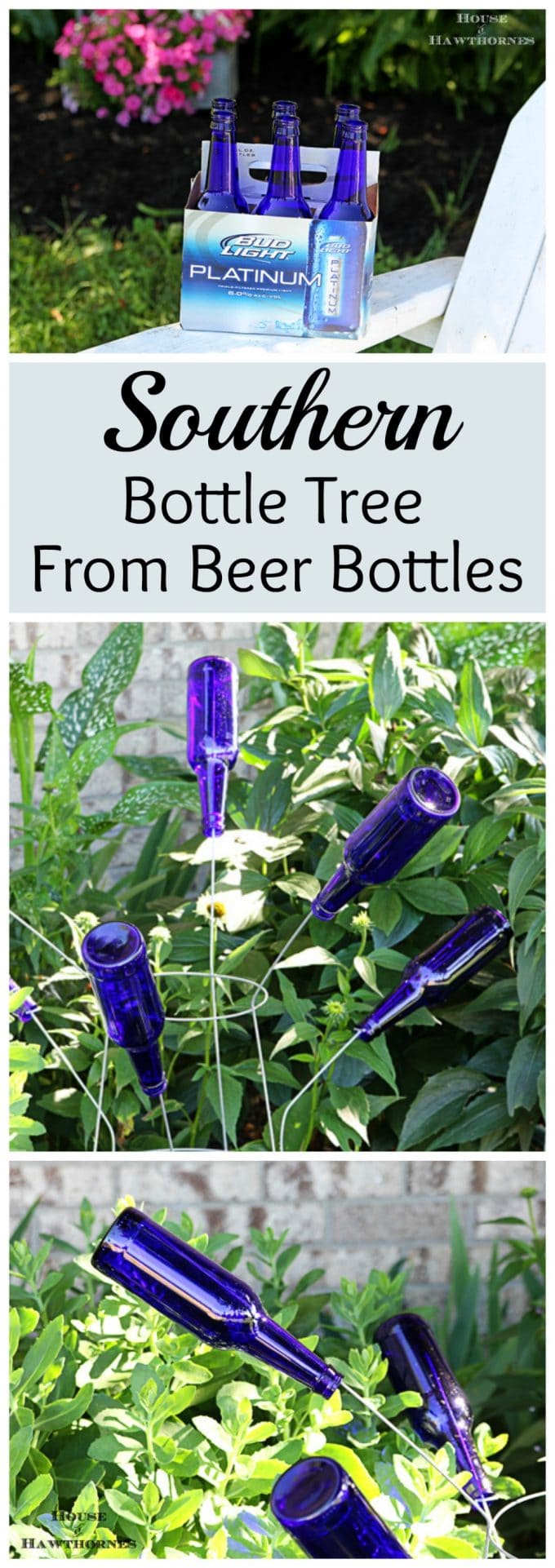 Fun DIY Southern bottle tree made with blue beer bottles - super duper easy to make.