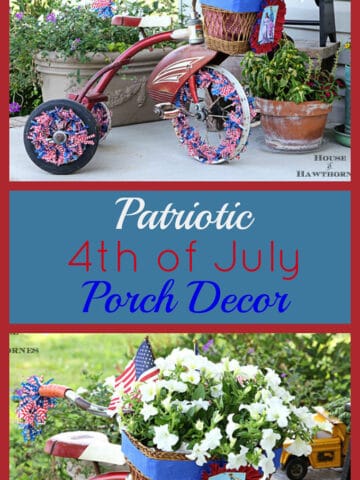 A vintage little red Tricycle decorated for the 4th of July with patriotic crepe papers, flags and flowers. A cute DIY project for patriotic porch decor.