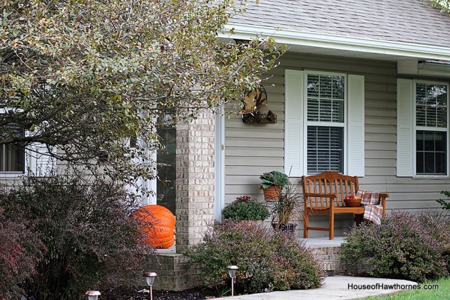 Fall front porch ideas including a HUGE pumpkin, apples, gourds and lots of autumn flowers and perennials.