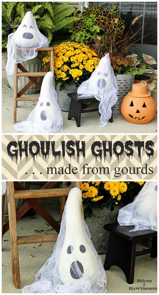 Tutorial for making these fun Halloween ghosts made from gourds. Super quick and easy to make for your fall home decor.