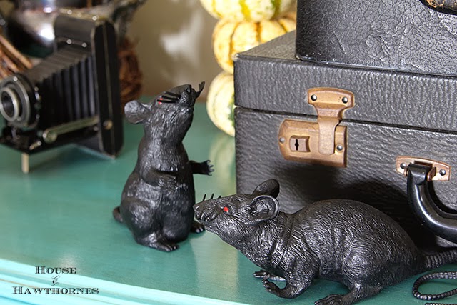 Dollar store rats running amok in a fun vintage Halloween vignette