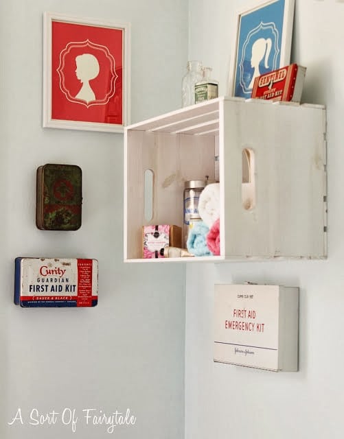 First aid kits used in bathroom decor.
