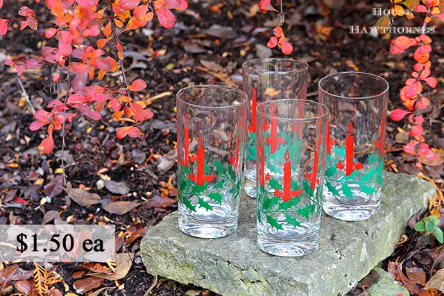 Vintage Christmas drinking glasses with holly and candle design