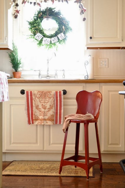 Red vintage kitchen stool.